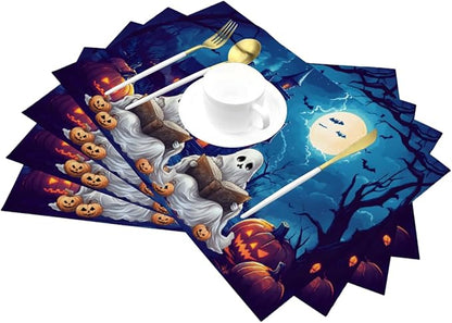 PVC Placemats Set of 4 Wipeable Table Mats Washable Heat Resistant Non Slip Vinyl Dining Table Mat for Kitchen Indoor Outdoor Patio Farmhouse Place Mats Halloween Pumpkin Ghosts Castle Decorative