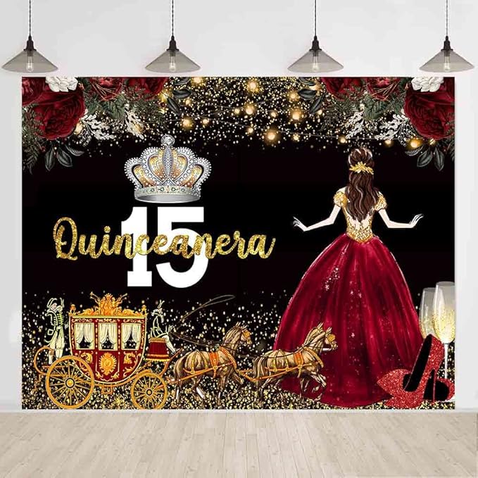 Red Dress Rose Flower Backdrops Quinceanera Birthday Backdrop for Girl Princess Happy 15th Bday Carriage Photography Props Cake Table Banner 8x6ft BJLSLU304