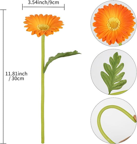Orange Flowers Artificial Gerbera Daisies 8Pcs PU Daisy Flowers 11.8 Inches Small Artificial Flowers for Vase Wedding Centerpiece Arrangement Living Room Home Decor