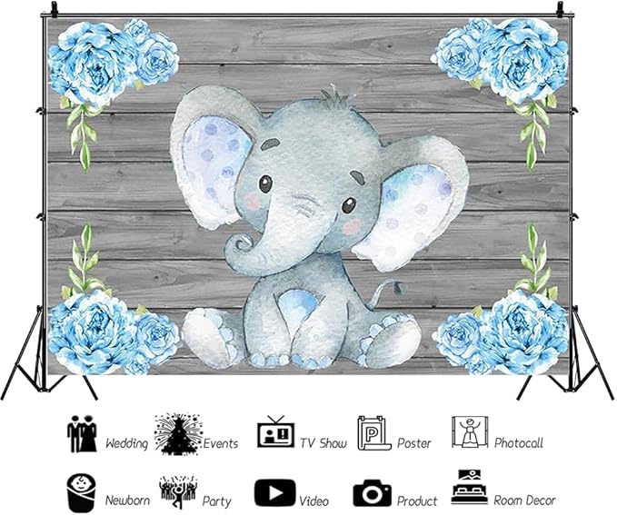 AOFOTO 12x8ft Elephant Rustic Grey Wooden Backdrop for Boy Baby Shower Watercolor Blue Floral Cartoon Animal Gender Reveal Photography Background It's a Boy Newborn Kids Birthday Party Decoration