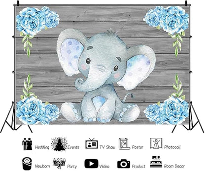 AOFOTO 15x10ft Elephant Rustic Grey Wooden Backdrop for Boy Baby Shower Watercolor Blue Floral Cartoon Animal Gender Reveal Photography Background It's a Boy Newborn Kids Birthday Party Decoration