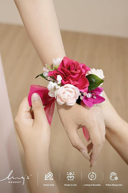 Ling's moment 6pcs Wedding Wrist Corsage Artificial Flowers, Girl/Mother Homecoming Prom Corsages Wristlet Décor, etc. Hot Pink Magenta
