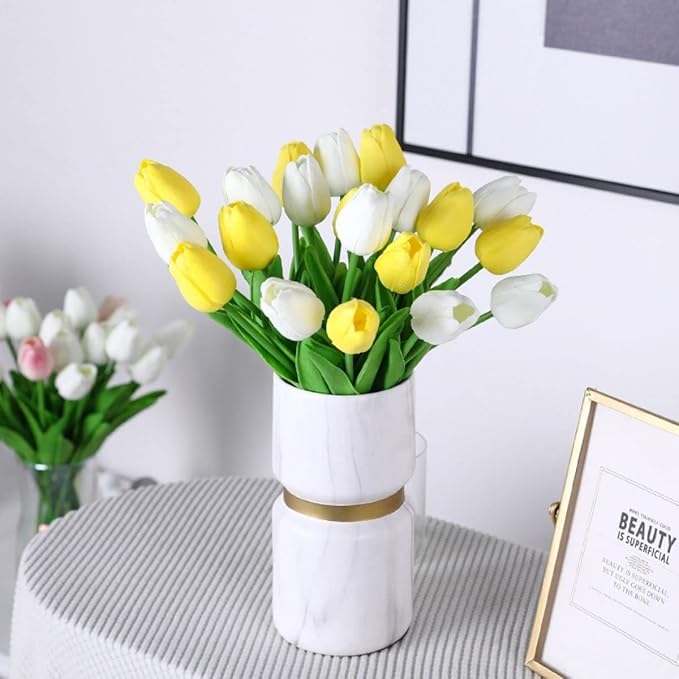 30 Pcs Fake Latex Tulips Artificial Flowers Faux Tulip Stems Real Touch Tulips for Wedding Party Home Decoration(Yellow)