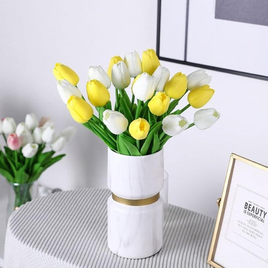 30 Pcs Fake Latex Tulips Artificial Flowers Faux Tulip Stems Real Touch Tulips for Wedding Party Home Easter Decoration (White)