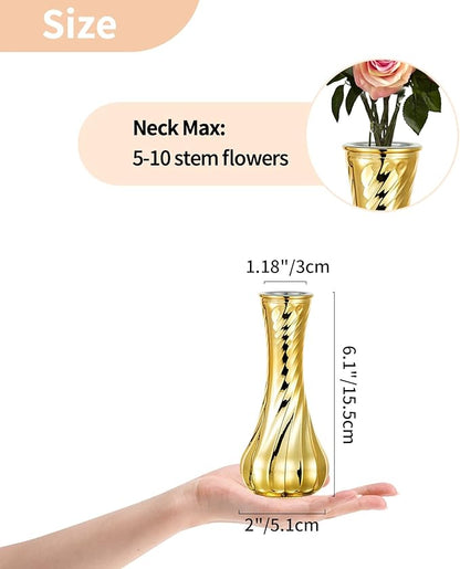 NUPTIO Glass Bud Vase Gold: 12 Pcs Small Flower Vases for Wedding Party Table Centrepiece - Vintage Ribbed Vase for Home Birthday Reception Decorations