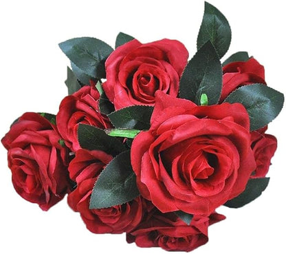 Jasion Artificial Roses 10 Heads Faux Flower Arrangement Silk Bouquet for Home Office Parties and Wedding Decoration (Red)