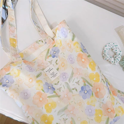 Cotton Canvas Tote Bag Reusable Soft Grocery Cloth Bag Floral Shoulder Bag for Beach Travel Shopping