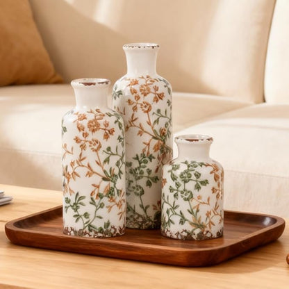 Farmhouse Ceramic Vase Set of 3 – Rustic Floral Pattern Decorative Vases for Home Decor, Vintage Country Style Table Centerpieces for Living Room, Shelf, Mantel & Entryway Decoration