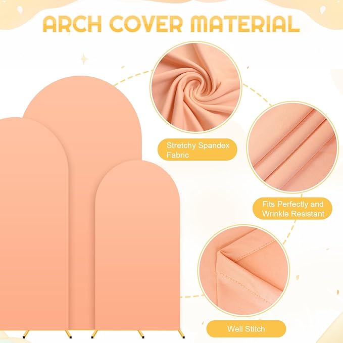 Metal Arch Backdrop Stand Set of 3 with Cover 7.2FT, 6.6FT, 6FT Wedding Arch Stand Arched Frame and Peach Arch Covers Stretchy Backdrop Spandex for Birthday Party Baby Shower Graduation Ceremony Decor