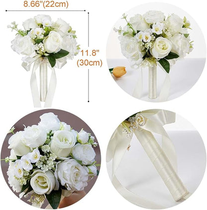 CYANLUX Wedding Bouquets for Bride Bridesmaid Bouquet Champagne White Artificial Roses Flowers for Wedding Valentine's Day Church Home Decoration… (White Rose)