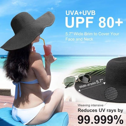 DRESHOW Beach Hats for Women Big Straw Wide Brim Summer Hat Floppy Foldable Roll up Cap Sun Hat UPF 50+