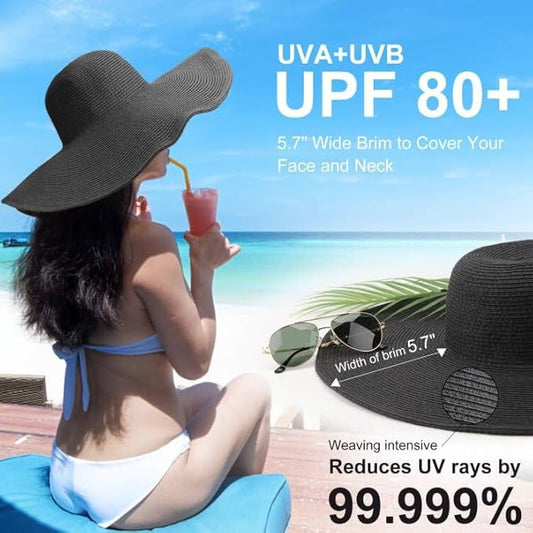 DRESHOW Beach Hats for Women Big Straw Wide Brim Summer Hat Floppy Foldable Roll up Cap Sun Hat UPF 50+