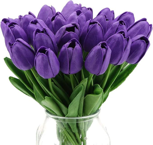 IPOPU Real Touch Purple Tulips 24PCS Artificial Flowers for Decoraion Fake Tulips Purple Flowers Floral Arrangements Faux Tulip Decor for Table Home Decor Baby Shower Centerpieces