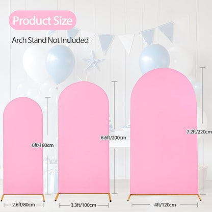 WEERRW Wedding Arch Cover Pink Spandex Fitted Set of 3 Balloon Arch Stand Covers Round Top Chiara Stretchy Backdrop for Birthday Party Baby Shower Banquet Decoration (6FT, 6.6FT, 7.2FT)