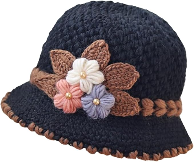 Flower Knit Crochet Fuzzy Bucket Hat Women Winter Warm Beanies Hat Furry Plush Faux Fur Fishing Skull Cap Fishman Hats