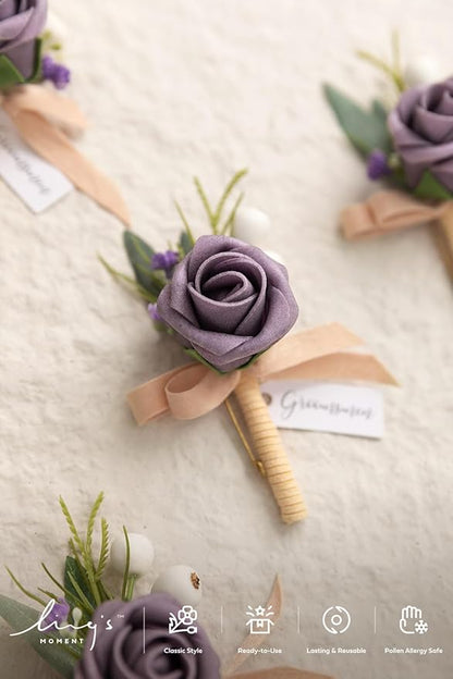 Ling's moment Boutonniere for Men, 6pcs Groom Groomsmen Boutonniere, Artificial Flowers for Wedding Decor/Prom/Homecoming, etc.Lilac Berry