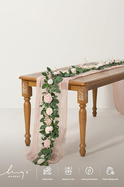 Ling's moment 5FT Blush Artificial Flower Garland Fake Pink Rose Leaves Floral Garland Arch Flowers Vine for Wedding Party Backdrop Decor Mantel Home Table Centerpieces Wall Decorations