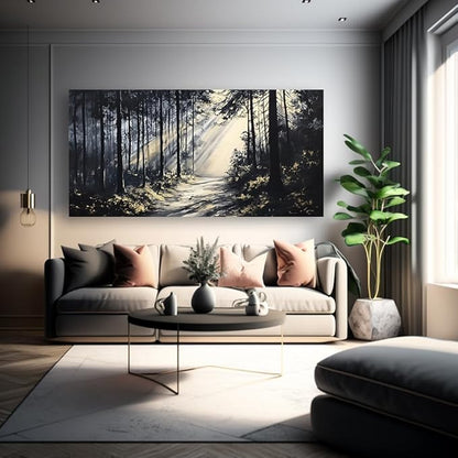 LAVIKARS Rustic Sunlight Forest Wall Art for Living Room Office Black and White Modern Landscape Canvas Painting Prints Large Nature Artwork Home Kitchen Bedroom Decor (28x58 Inches)