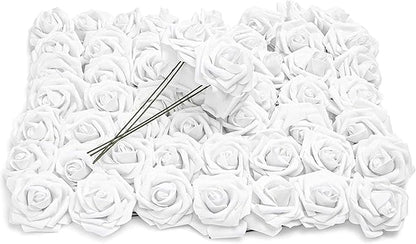 Bright Creations Bright White Roses Artificial Rose Flowers for Wedding Bouquet & Bridal Shower DIY Party Decor - 3 Inch Head, 9 Inch Stem, 60 Pack