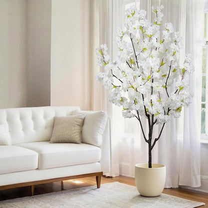 Indoor Faux Cherry Blossom Tree White Artificial Flower Tree, Artificial Cherry Blossom Tree 6 FT for Living Room Bedroom Decor Gift