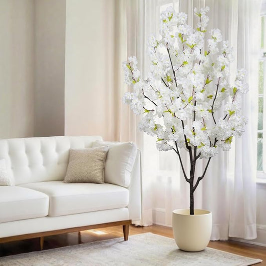 Indoor Faux Cherry Blossom Tree White Artificial Flower Tree, Artificial Cherry Blossom Tree 6 FT for Living Room Bedroom Decor Gift