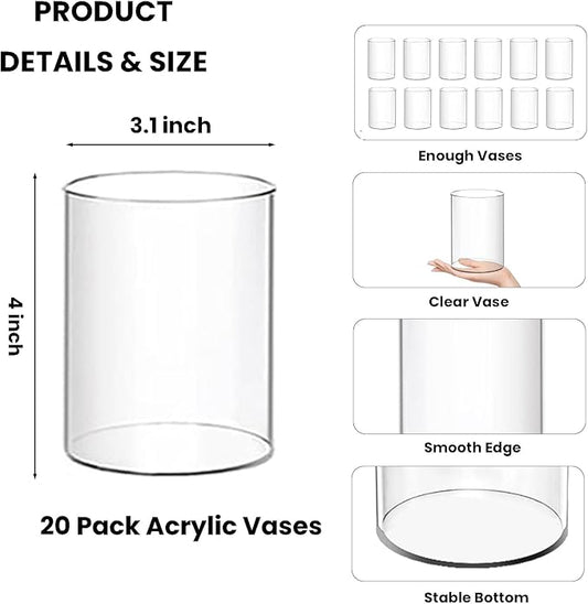 20 Pcs Plastic Vases, 4 Inch Clear Acrylic Cylinder Vase Bulk Floating Candle Holder Small Plastic Vases for Centerpiece Flowers Home Table Wedding Decor