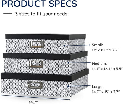 Soul & Lane Black and White Decorative Storage Boxes with Lids for Organizing, Set of 3 Jumbo Scrapbook Storage Boxes for Documents, Keepsakes, Memories, Modern Trellis