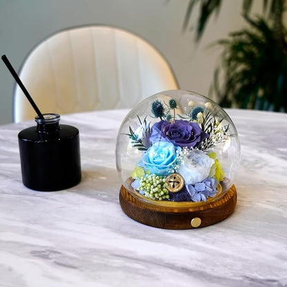 Preserved Real Rose Flowers in Glass Dome with LED Lights,Real Rose Flowers Unique Floral Gift for Girlfriend Mom Wife Girlfriend on Christmas Birthday Anniversary (Starry Sky Blue)