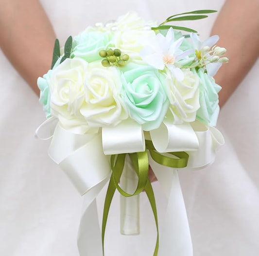 Lightweight Bridal Wedding Bouquet Round Holding Bouquet Throw Toss Artificial Rose Flower Bunch for Bride Bridesmaid Wedding Quinceanera (Cream & Light Cyan, 6.7")