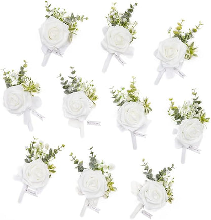 TINGE TIME Boutonniere for Men Wedding,Groom and Best Man Boutonniere for Wedding Ceremony Anniversary, Formal Dinner Party and Rustic Spring Wedding Marriage (10, Virginal White)