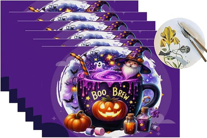 PVC Placemats Set of 6 Wipeable Table Mats Washable Heat Resistant Non Slip Vinyl Dining Table Mat for Kitchen Indoor Outdoor Patio Farmhouse Place Mats Purple Halloween Magic Cauldron Decorative