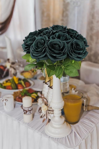 12pcs Artificial Rose Flower Dark Green Rose Emerald Green Flower with Long Stem Silk Roses Bouquet for Wedding Bridal Shower Party Home Decoration