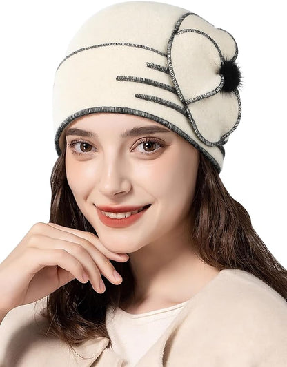Sumolux Beanie Hats for Women Wool Skull Cap Beret Floral Cuffed French Vintage Dress Cloche Classic Winter 1920s
