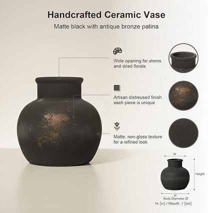 Ceramic Flower Vase, 5.5-Inch Black Pottery Rustic Farmhouse Boho Vase, Handcrafted Decorative Vase for Home Decor, Centerpieces, Table, Living Room, Mantel, Shelf