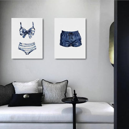 Blue White Painted Swimsuits Lake House Beach House Wall Decor Canvas Wall Art Framed Prints Artwork Posters Painting Picture for Home Bar Cart Laundry Room Girls Room Bedroom 14.5X11.5 Inch