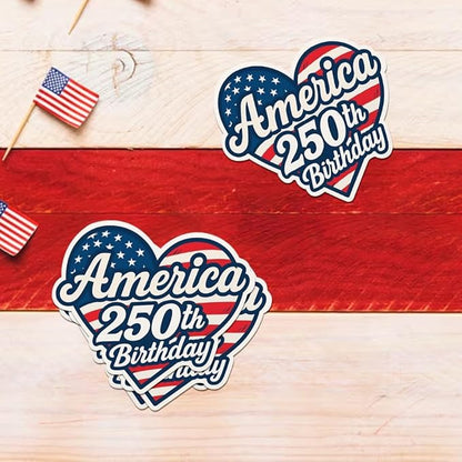 HANDICHI Design 5-Pack 5 Inch America 250th Birthday Stickers – Patriotic Heart-Shaped USA Flag Vinyl Decals – Waterproof 1776–2026 Independence Day Stickers for USA 250th Anniversary Celebration