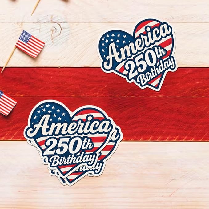 HANDICHI Design 5-Pack 6 Inch America 250th Birthday Stickers – Patriotic Heart-Shaped USA Flag Vinyl Decals – Waterproof 1776–2026 Independence Day Stickers for USA 250th Anniversary Celebration