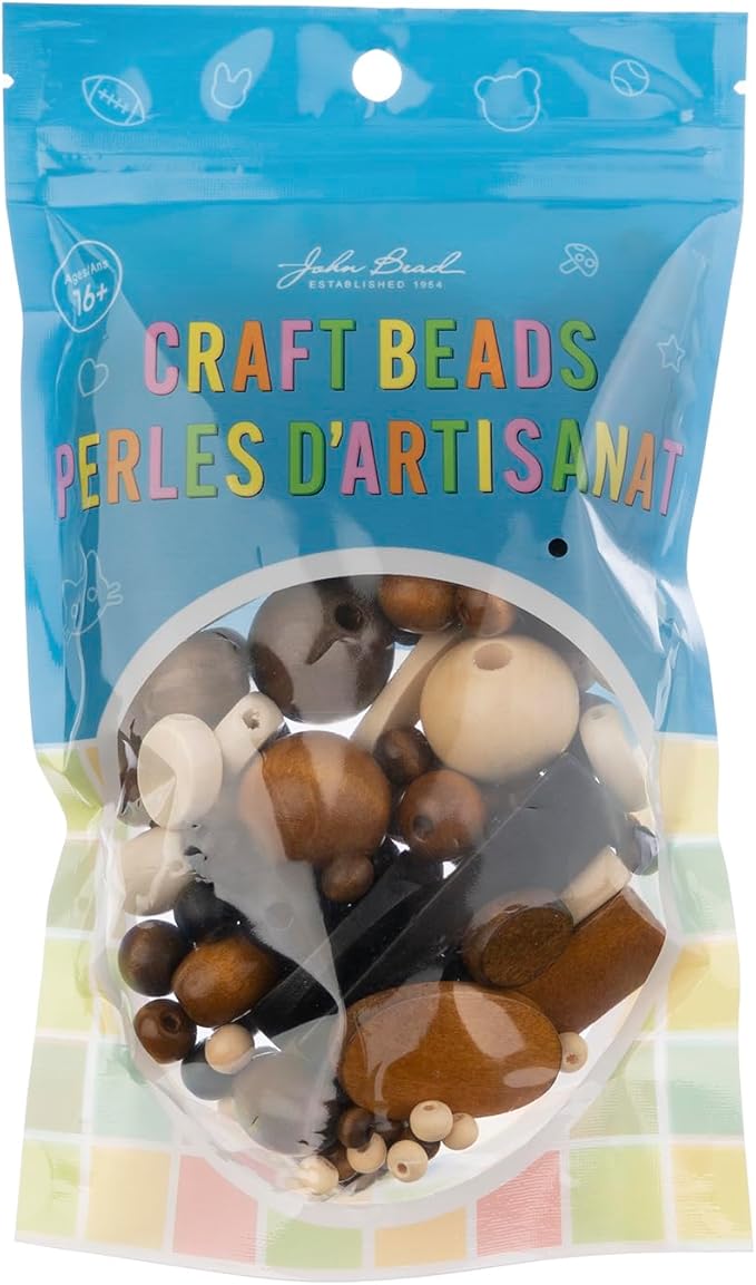 John Bead 90g Craft Beads Natural/Black/Brown/Dark Brown Wood Beads with Elastic Nylon Cord