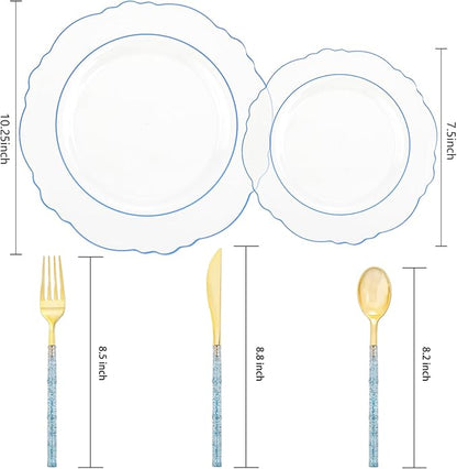 Liacere 150PCS Clear and Blue Plastic Plates-Clear and Blue Disposable Plates with Glitter Bamboo Handle Cutlery-60 Baroque Elegant Plates, 30 Forks, 30 Spoons, 30 Knives for Wedding＆Christmas