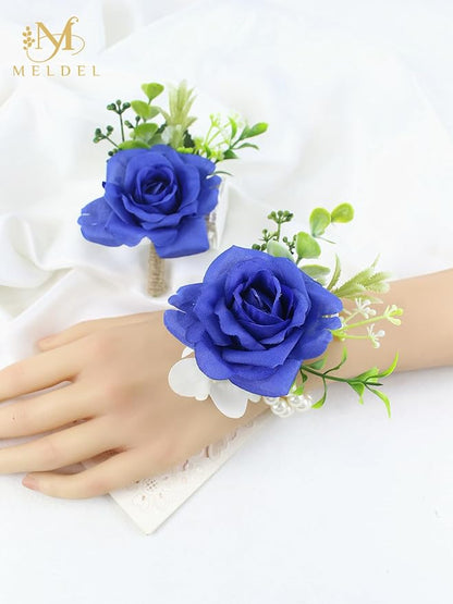 Meldel Boutonniere and Wrist Corsage for Wedding, Set of 2, Pearls Wristlet Corsage for Bride Bridesmaids, Boutonniere for Man Groom Best Man Wedding Flower Accessories Prom Ceremony Party Suit Decor