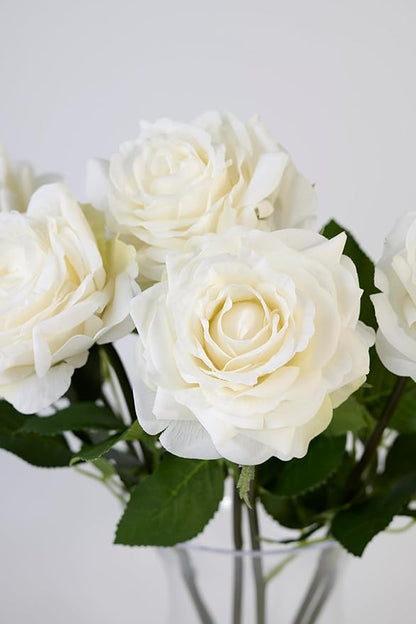 Real Touch Artificial Roses 6pcs, Floyd Roses,17.3”Faux Silk Roses Bouquet for Home Decor, Wedding Centerpieces, Romantic Gifts & Party Arrangements, Fuchsia Realistic Flowers (White)