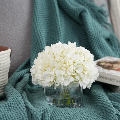 Silk Hydrangea Artificial Flowers in Vase with Faux Water, Silk Flower Arrangements in Vase for Wedding, Dining Table, Living Room (Cream White)