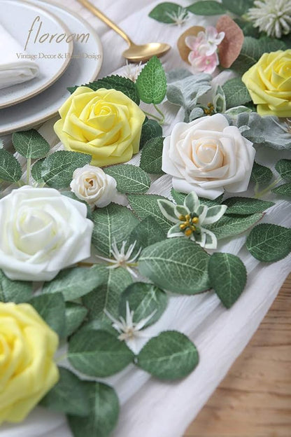 Floroom Artificial Flowers 50pcs Real Looking Canary Yellow Foam Fake Roses with Stems for DIY Wedding Bouquets Bridal Shower Centerpieces Floral Arrangements Party Tables Home Decorations