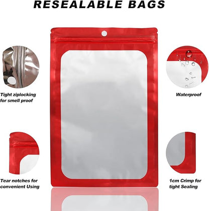 400 Pack 4 Size Bags with Clear Window,Scratch Resistant Hand Holographic Packaging Pouch,Resealable Bag for Small Bussiness Cookies Jewelry Candy Sample (Red, 2.4×3.9,3x4.7,4×7,5.5×7.9 inch)