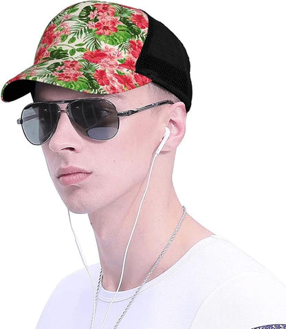 Tropical Pink Flowers Hats Women Men Hawaii Trucker Hat Adjustable Snapback Mesh Baseball Cap Hat