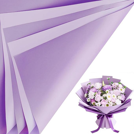 LeZakaa 20 Sheets Flower Wrapping Paper, Waterproof Reversible Floral Bouquet Paper, Lighet Purple Design for Valentines, Mothers Day, Party, Birthday, Wedding, Bridal Shower, Baby Shower
