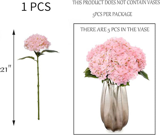 Kimura's Cabin 5Pcs 21inch Lifelike Faux Hydrangea Real Touch Latex Hydrangeas Long Stem with Leaves Artificial Hydrangea Bouquet for Home Wedding Baby Shower Birthday Party Decoration (Pink)