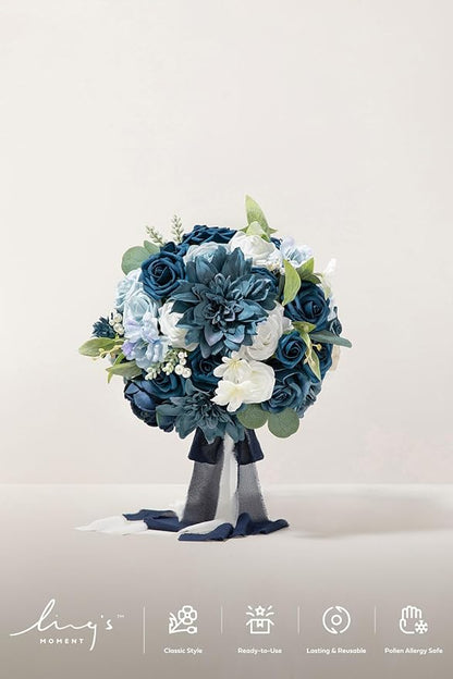 Ling's moment Navy Blue Bridal Bouquet for Bride, Blue Wedding Bouquets for Bride, 13 Inch Silk Round Artificial Wedding Flowers Bouquets