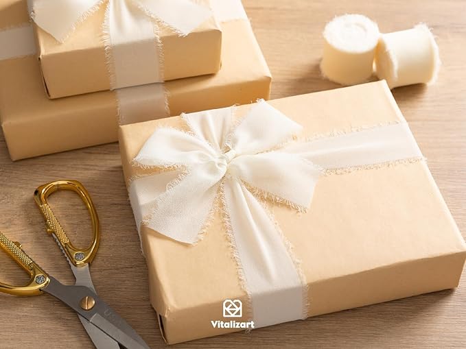 Vitalizart Cream White Handmade Chiffon Silk Ribbon Fringe 3 Rolls 1.5" x 21 Yd Ivory Frayed Edges Ribbons for Wedding Invitations Bridal Bouquets Gifts Wrapping Crafts Holiday Decor
