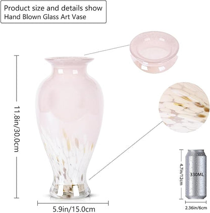 11.8" Tall Pink Glass Vase Beautiful Hand Blown Glass Vase Modern Art Home Decor, Wide Mouth Colorful Vases for Mantle Dining Table Centerpiece, Entryway Living Room Wedding Decoration